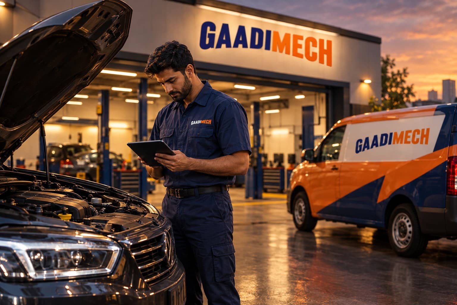 GaadiMech technician in branded uniform beside an orange and navy GaadiMech service van at a workshop