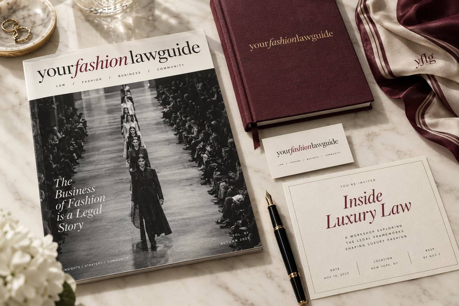 Your Fashion Law Guide magazine, journal and workshop invitation on marble