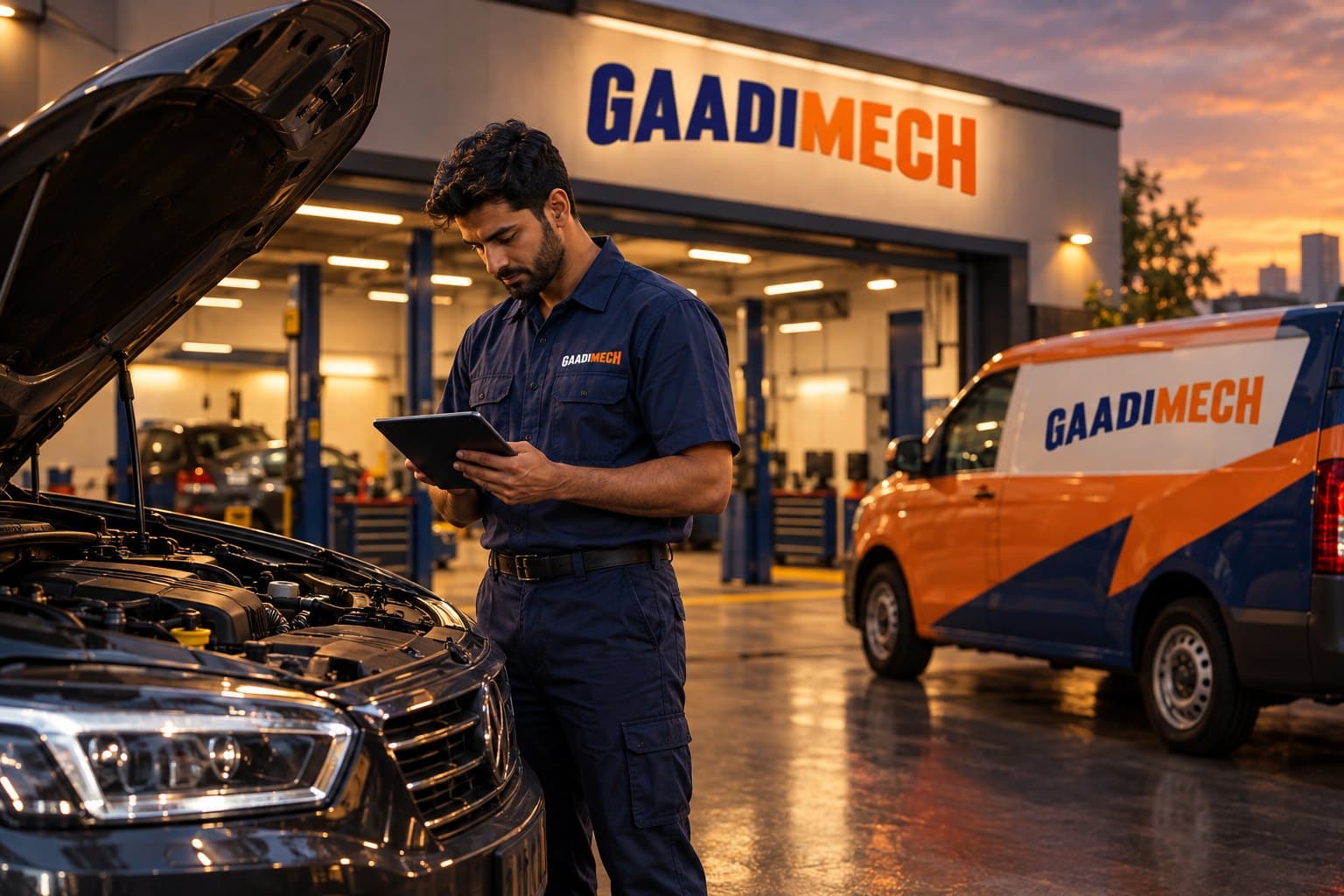 GaadiMech technician in branded uniform beside an orange and navy GaadiMech service van at a workshop