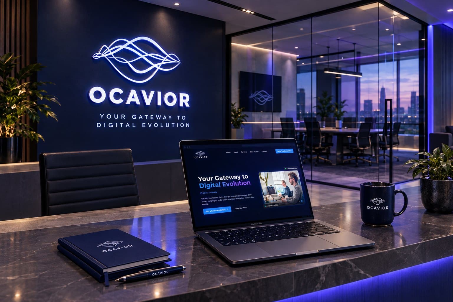 Ocavior office reception with the illuminated wave-mark wall sign, a laptop showing the Ocavior website and branded notebooks