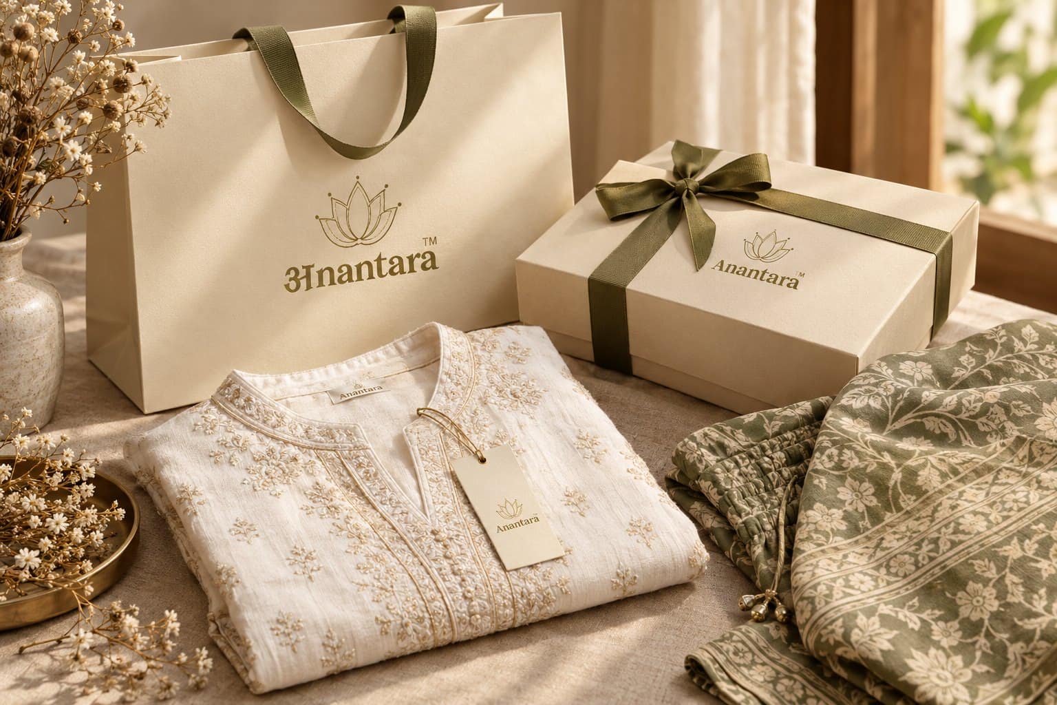Anantara shopping bag and gift box with the gold lotus logo beside an embroidered kurta and a printed co-ord set