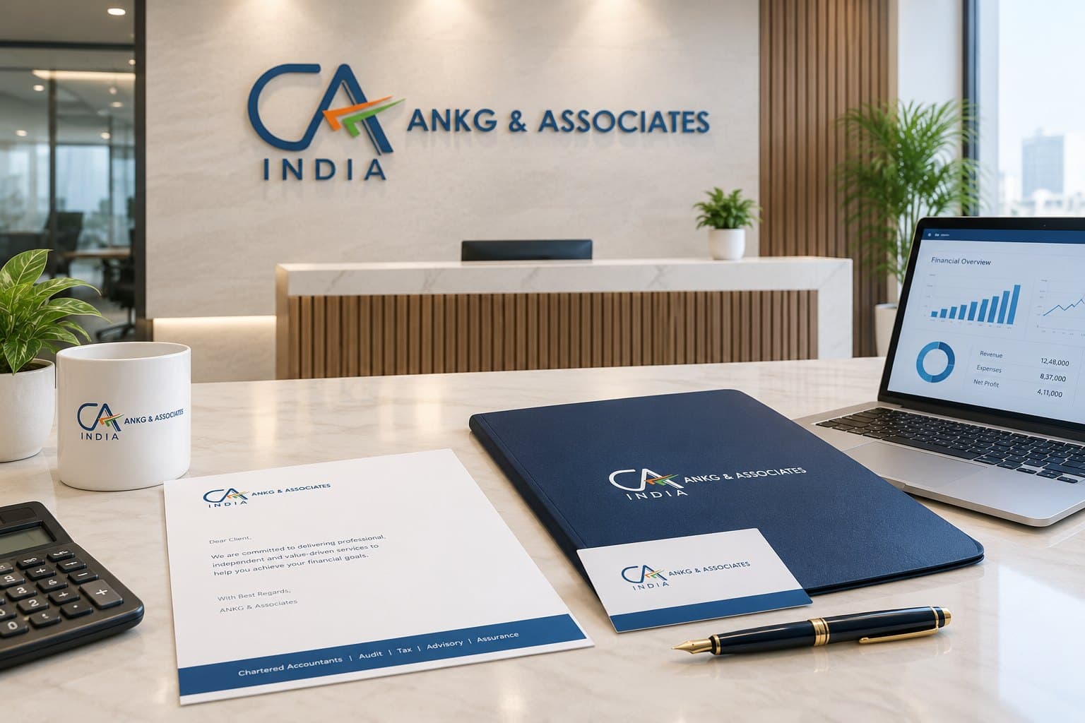 ANKG & Associates office reception with the CA India logo wall sign and branded stationery