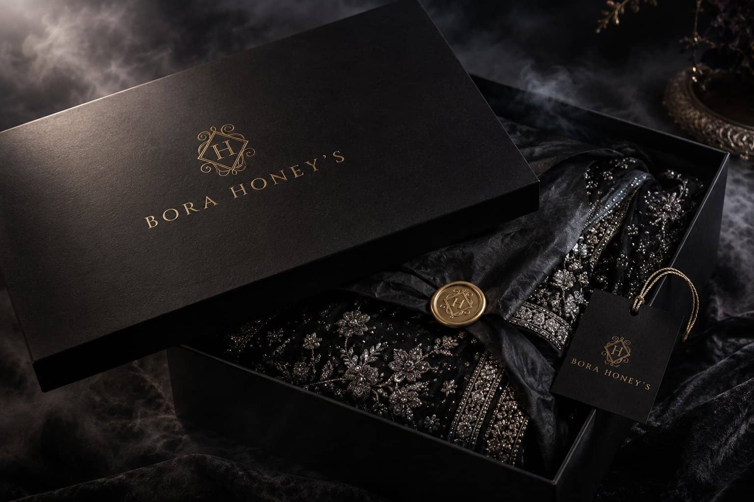 Bora Honey's black couture box with gold foil monogram, wax seal and swing tag
