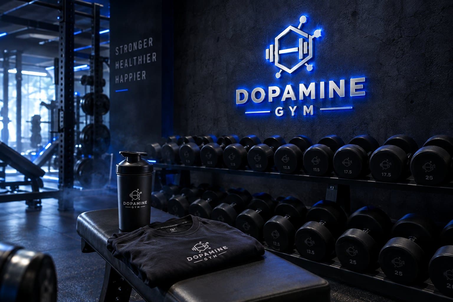 Dopamine Gym illuminated logo wall with branded shaker and training tee