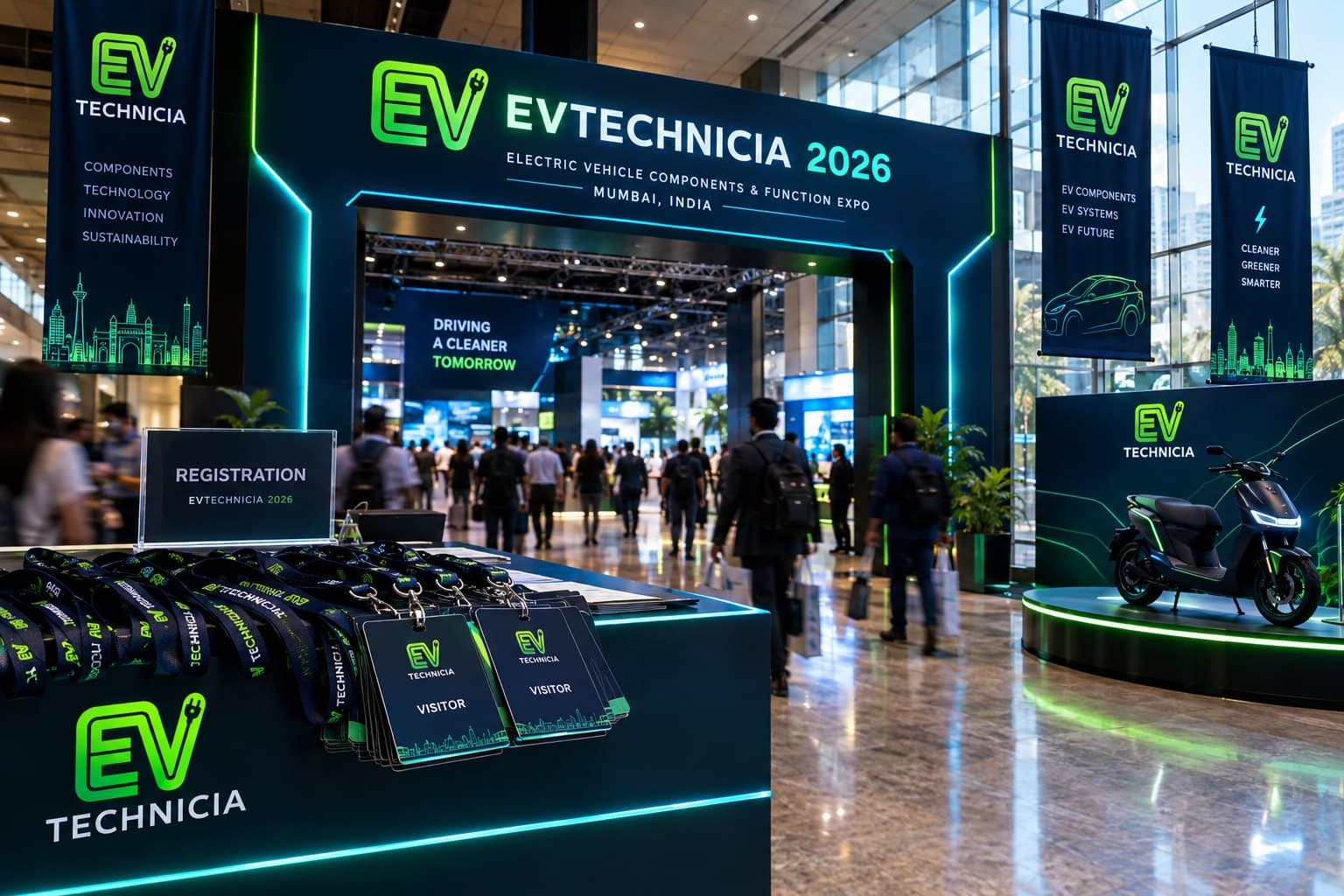 An illuminated expo entrance with an electric scooter on display
