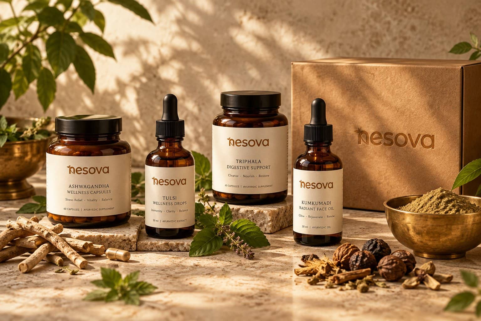 Nesova Ayurvedic wellness range: amber jars, dropper bottles and a kraft gift box among herbs