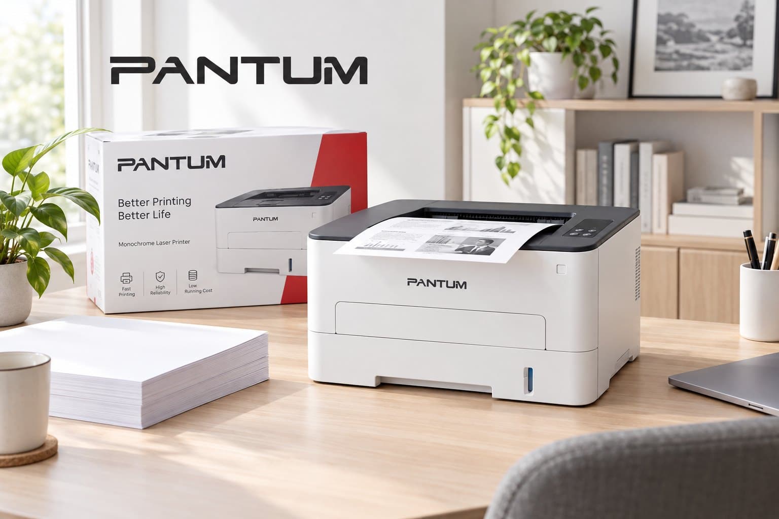 White Pantum laser printer printing on an oak desk beside its PANTUM retail box