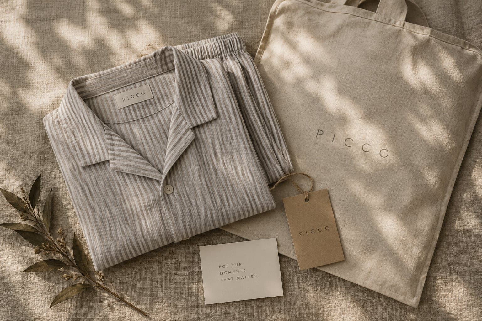 Picco linen co-ord, cotton garment bag and kraft swing tag flat-lay