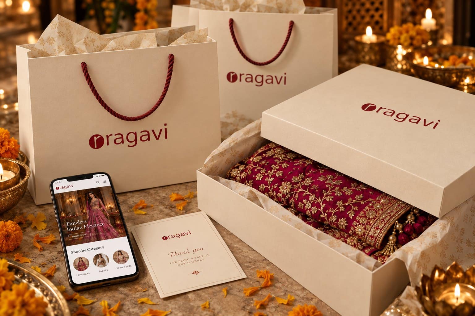 Ragavi ivory shopping bags and gift box with a festive embroidered lehenga