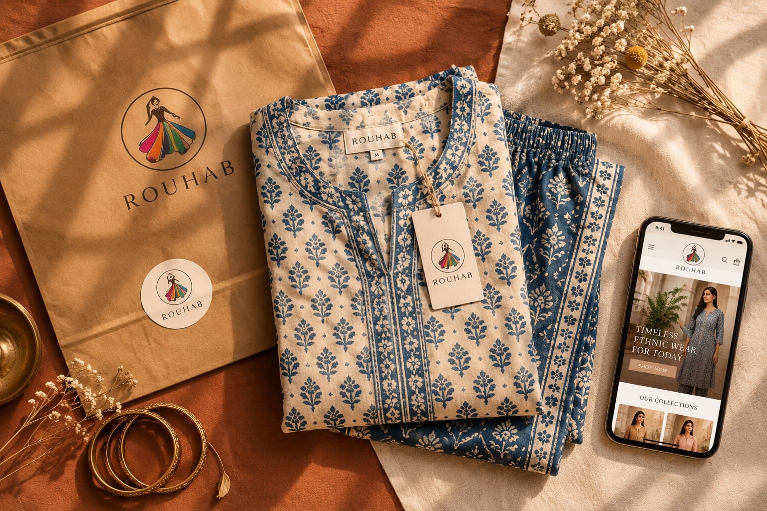 Rouhab block-printed kurta set with emblem-sealed garment bag and phone