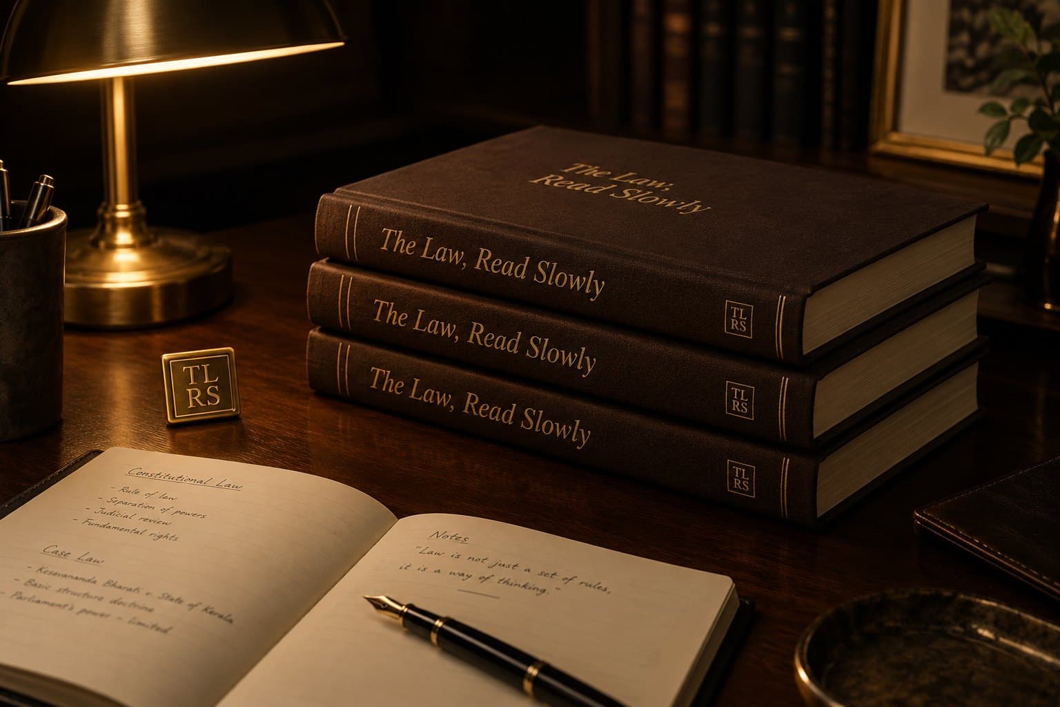 The Law, Read Slowly branded law books and lecture notes on a walnut desk