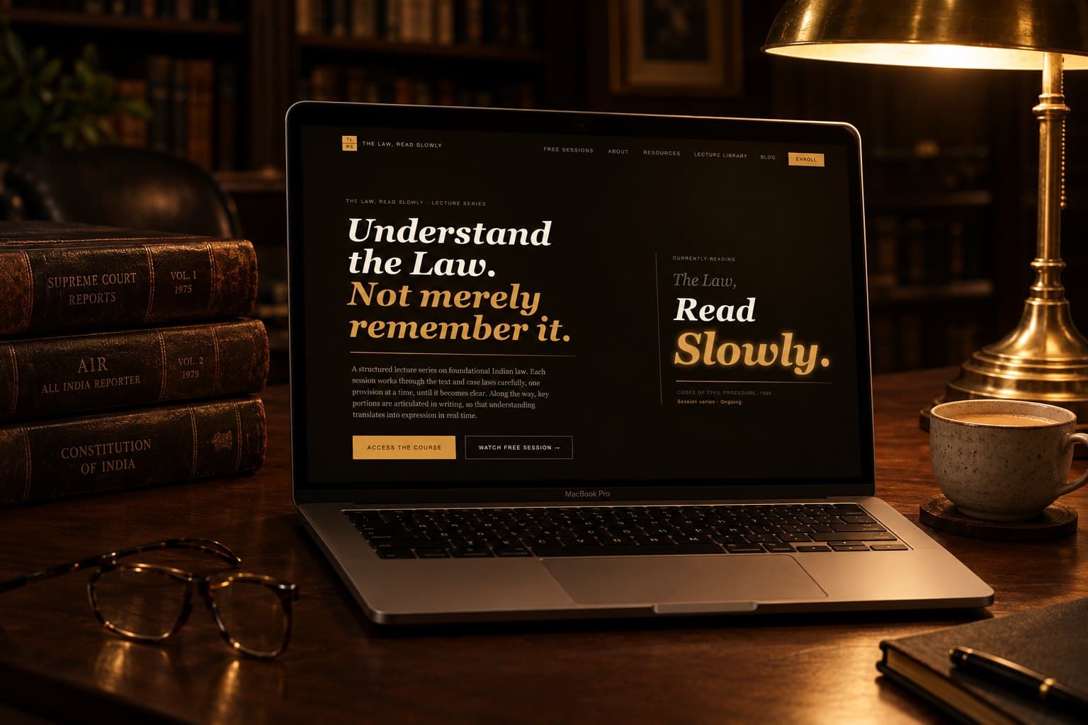 A law website on a laptop in a lamp-lit library