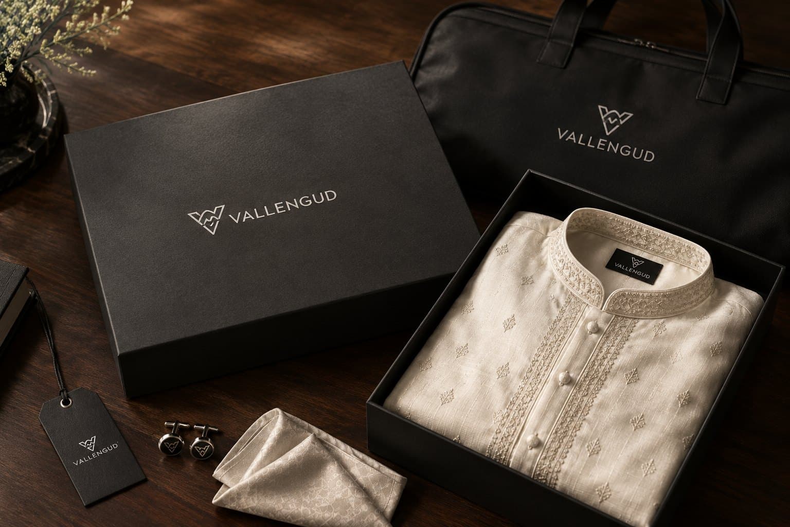Vallengud charcoal garment box with silver V monogram and an ivory kurta