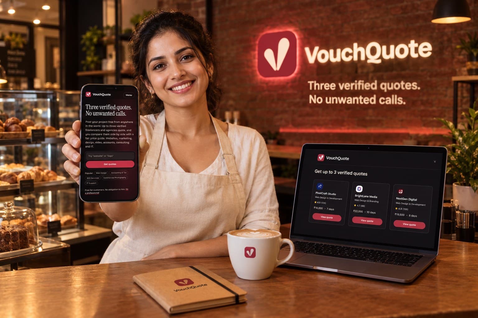 Bakery owner holding a phone showing VouchQuote, with a laptop comparing three quotes and an illuminated VouchQuote sign on the brick wall