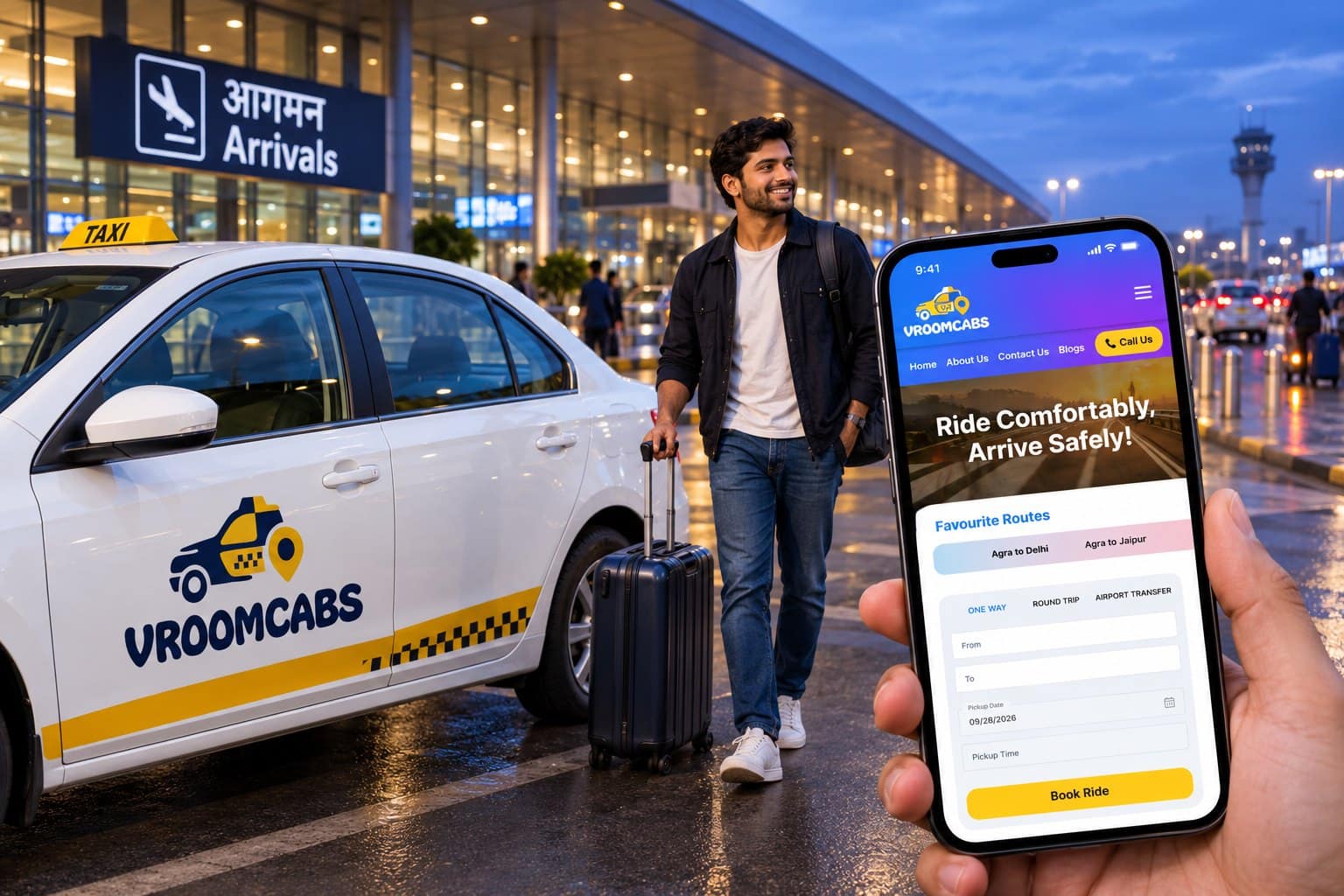 VroomCabs white cab with logo livery at airport arrivals and the booking screen on a phone