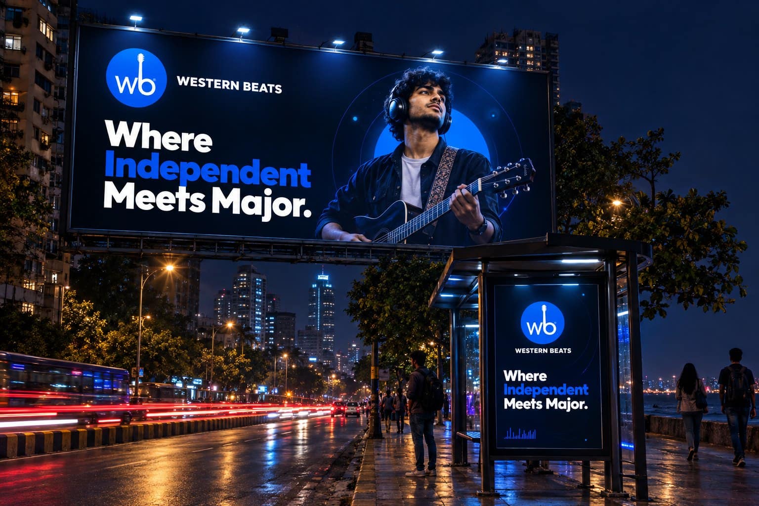 Western Beats 'Where Independent Meets Major' billboard and bus-shelter poster on a Mumbai street at night