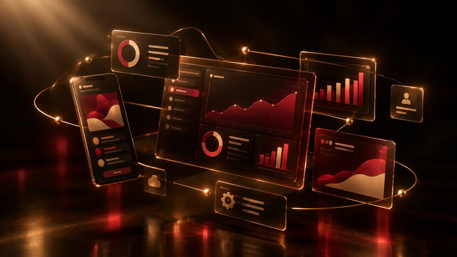Floating glass dashboard panels with berry red charts connected by gold lines